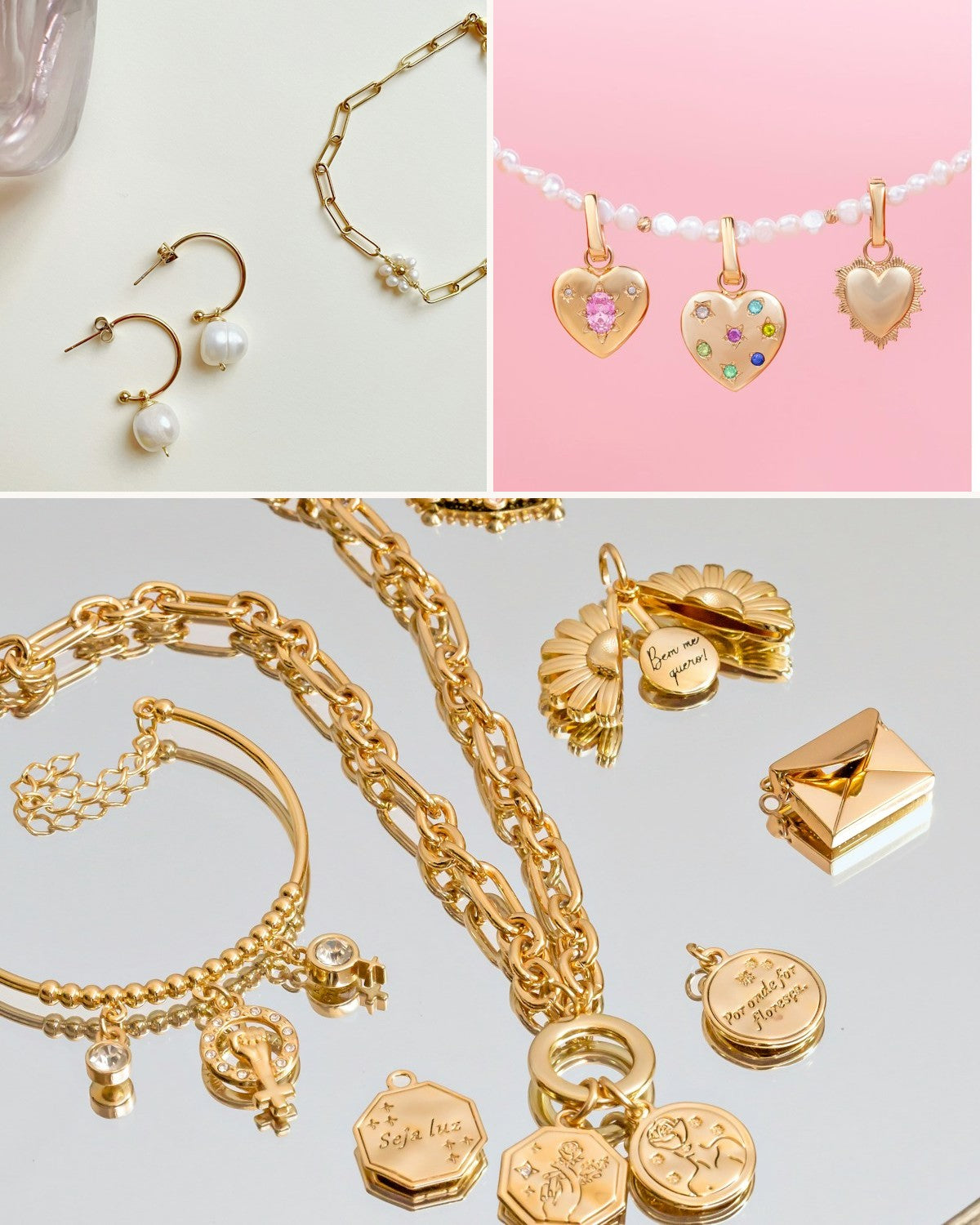 Gold jewelry with hearts and pearl earrings