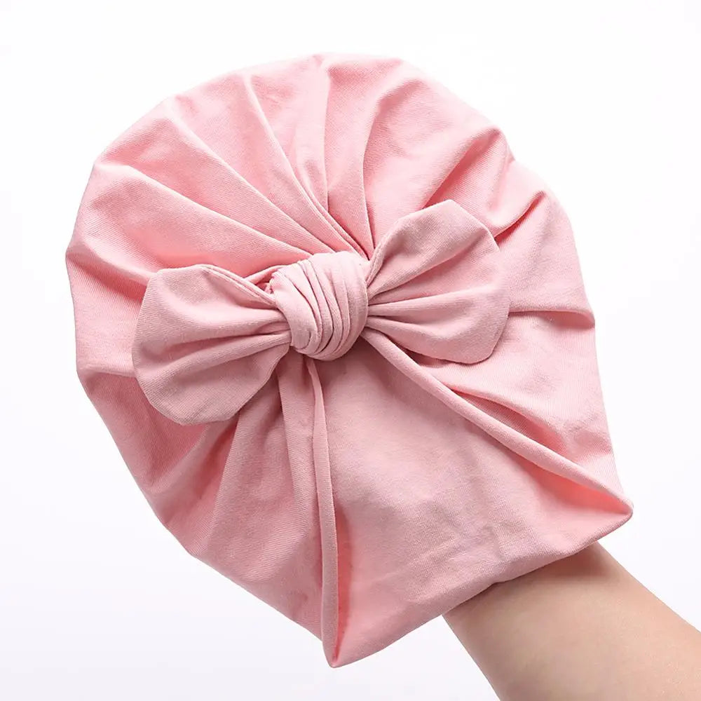 Solid Baby Cotton Beanies Cute Bear Ear Bowknot Turban Hats Sweet Soft
