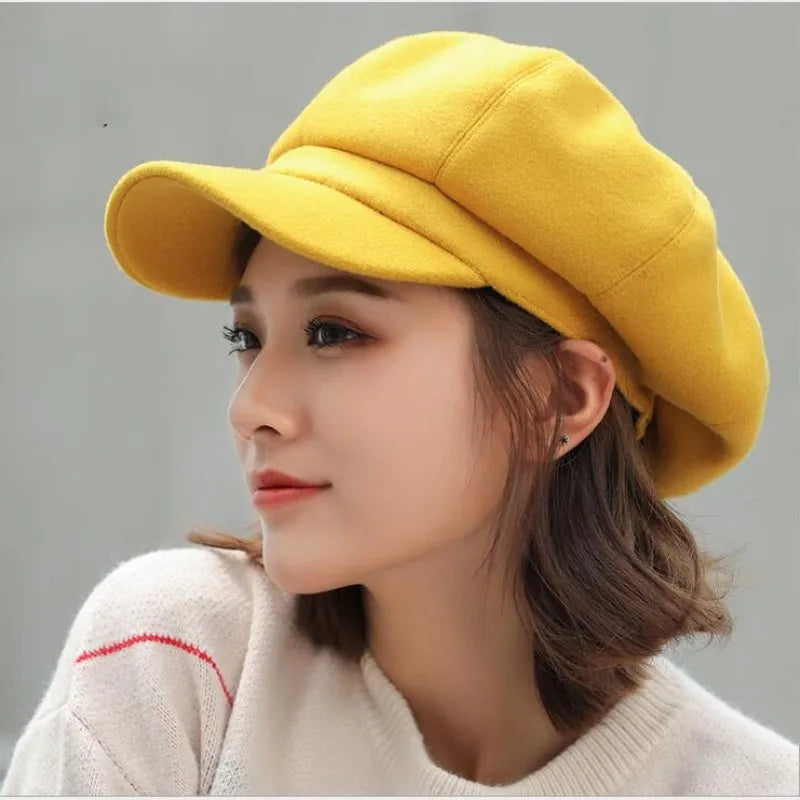 Autumn Winter Hats for Women Solid Plain Octagonal Newsboy Cap Men