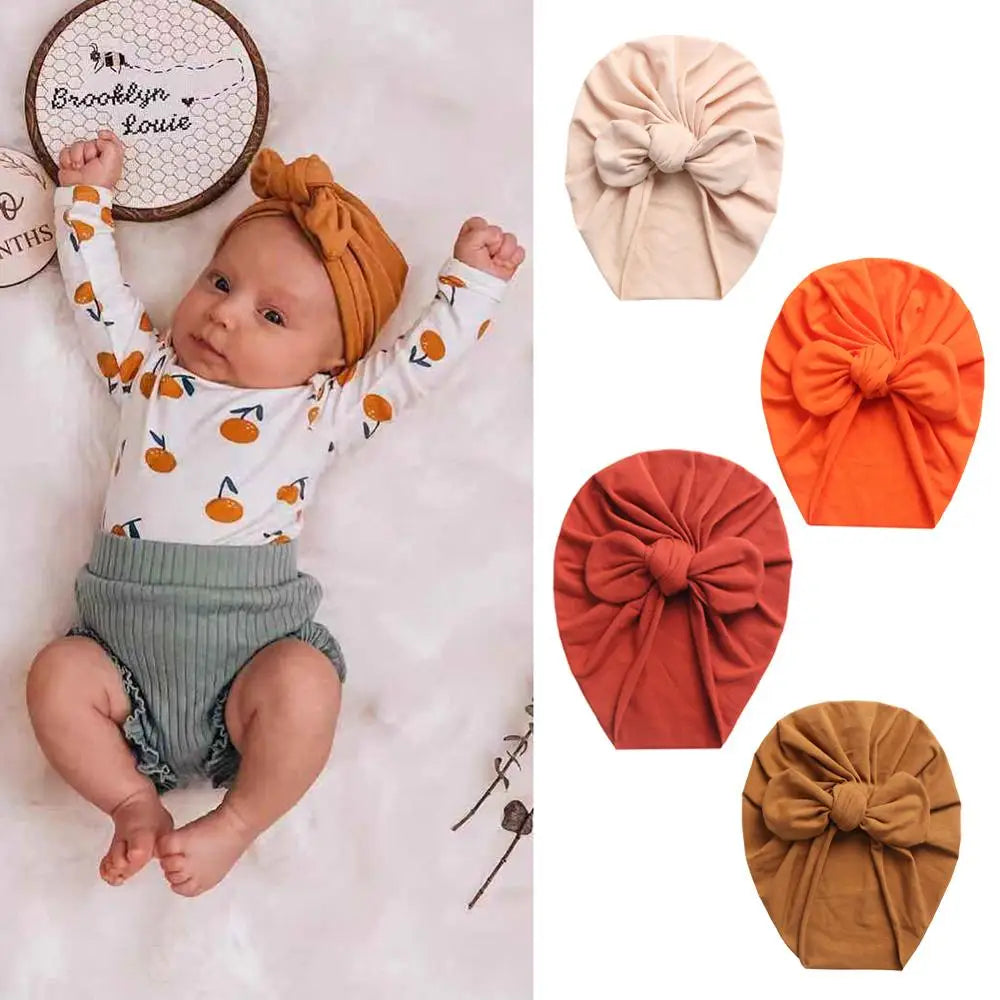 Solid Baby Cotton Beanies Cute Bear Ear Bowknot Turban Hats Sweet Soft