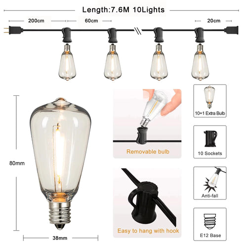 ST38 String Lights Outdoor Garland Connectable Shatterproof Waterproof