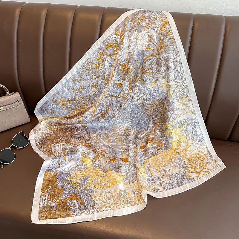 Bohemian Style Floral Print Women’s Square Silk Scarf Satin Head Wrap