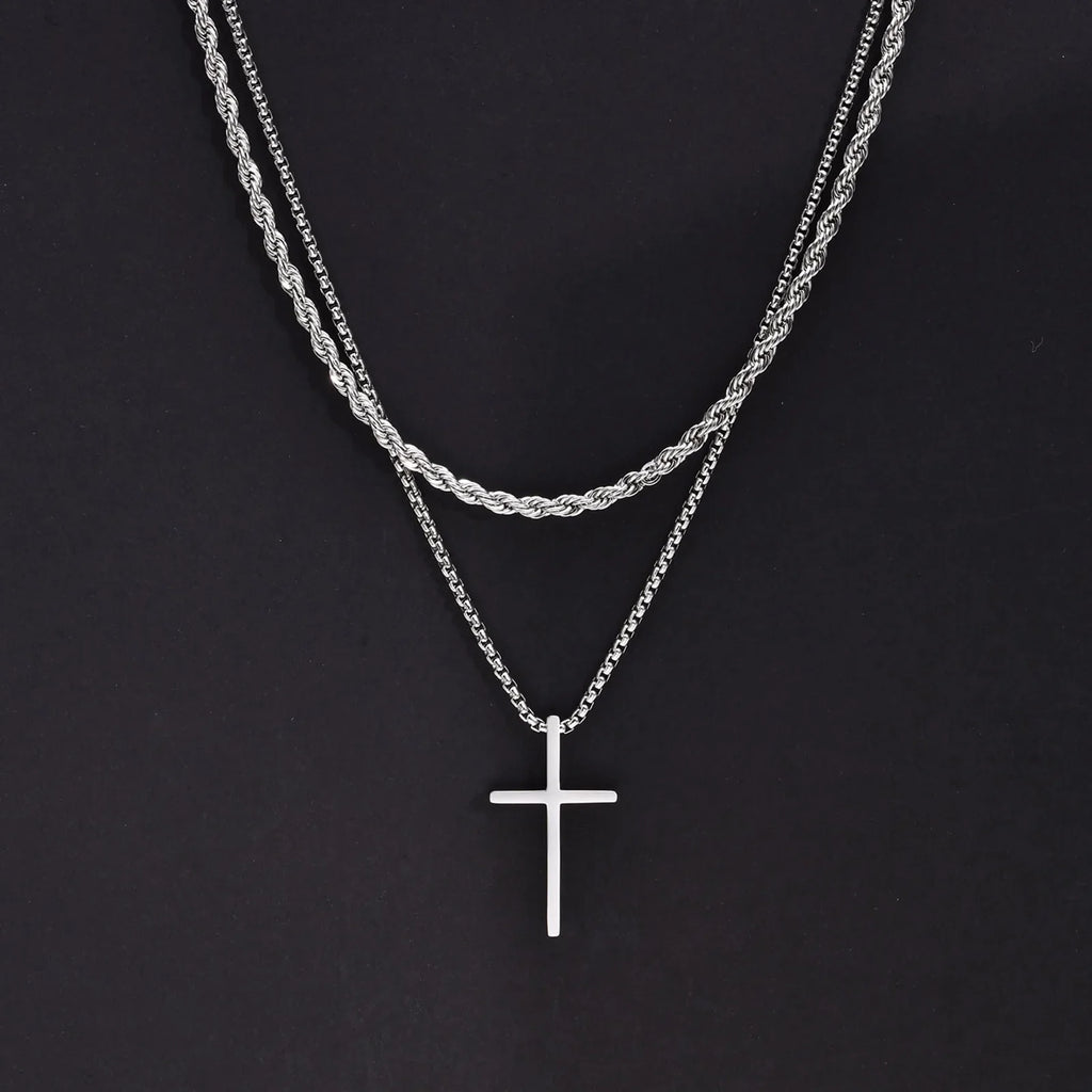 2Pcs Stainless Steel Cross Pendant Necklace For Men Titanium Steel
