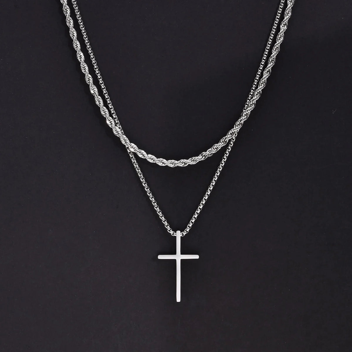 2Pcs Stainless Steel Cross Pendant Necklace For Men Titanium Steel