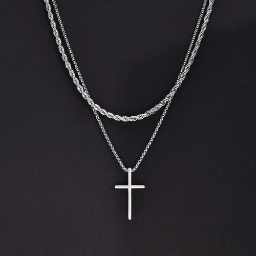 2Pcs Stainless Steel Cross Pendant Necklace For Men Titanium Steel