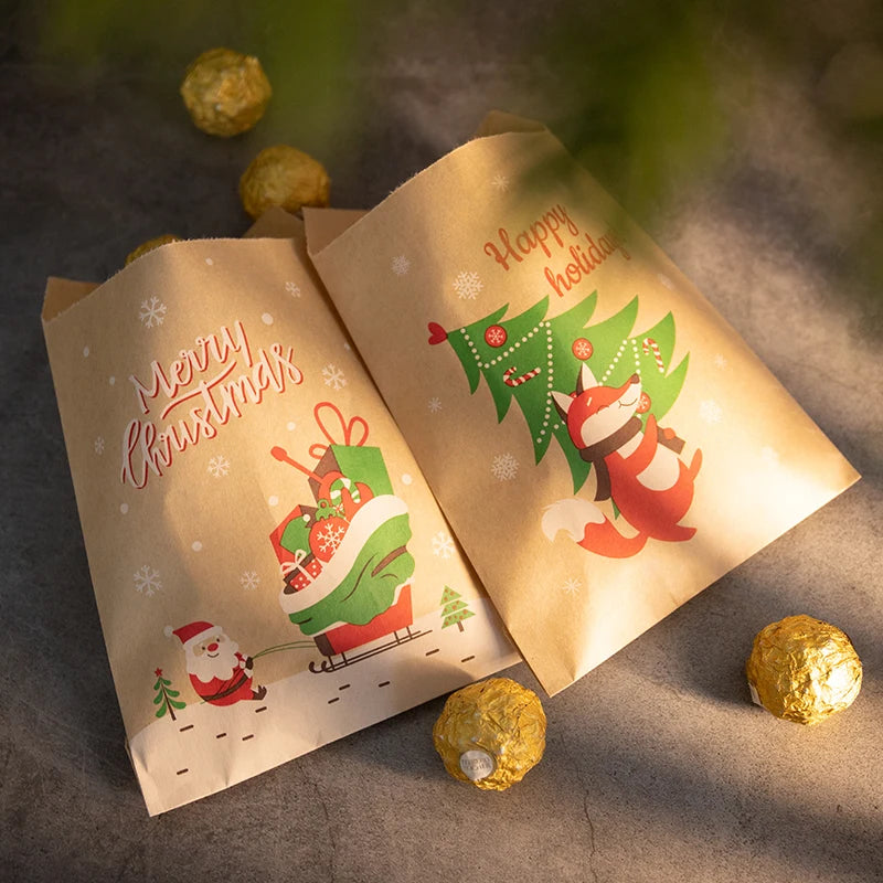 24 Sets Merry Christmas Gift Bags Retro Santa Claus Fox Kraft Paper