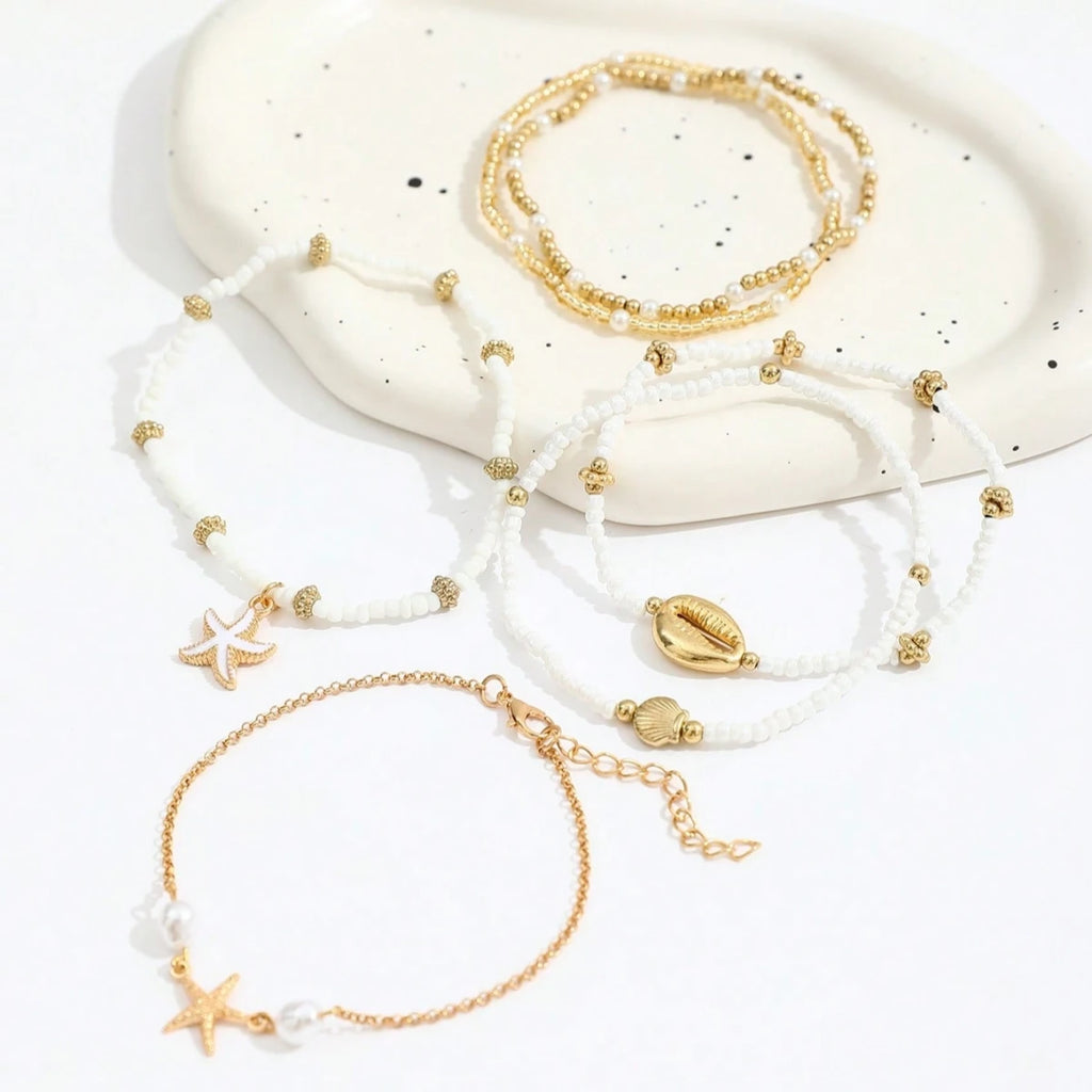 6pcs/set Fashion Stackable Starfish Shell Pendant Beads Anklets Set