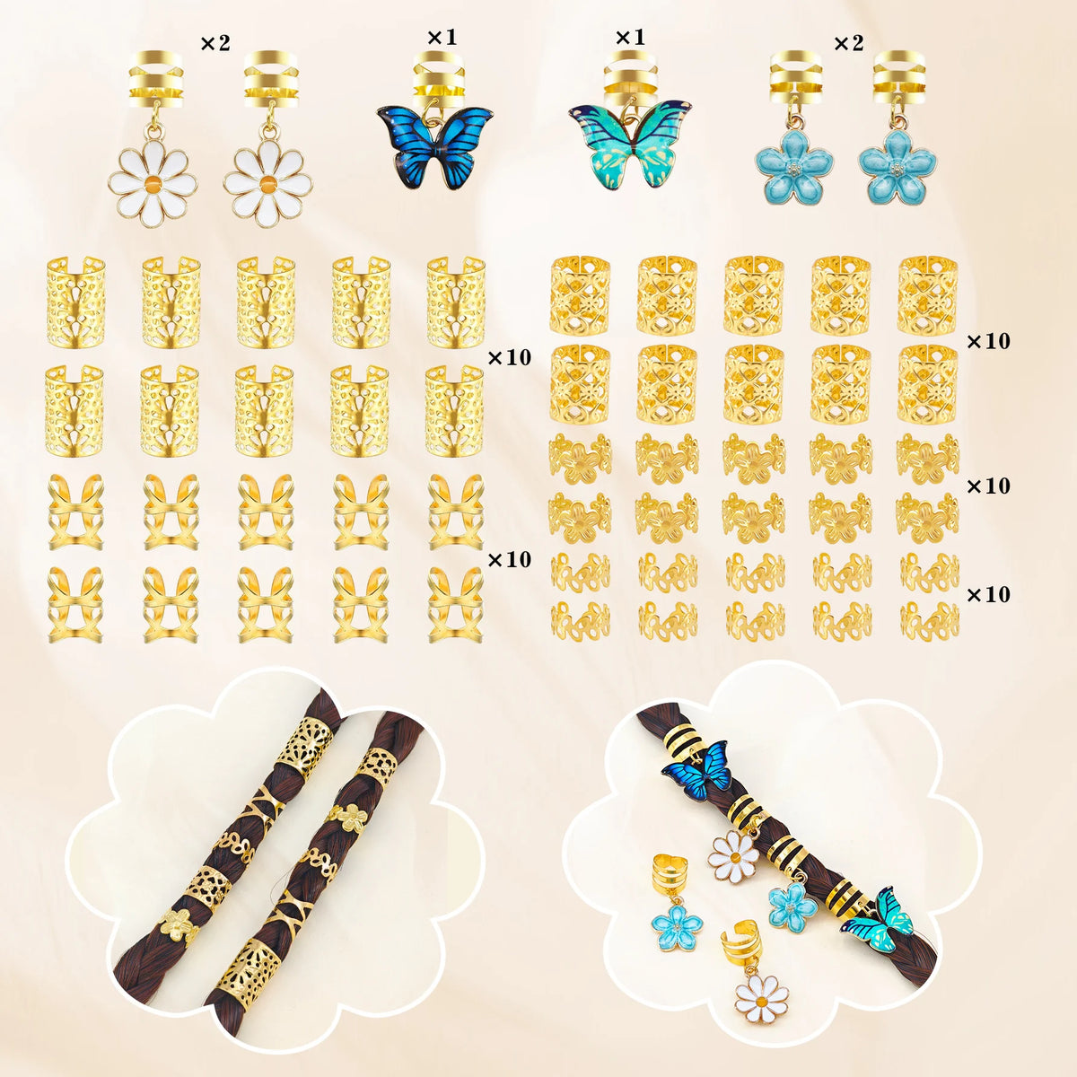 56pcs Vibrant Garden Hair Rings with Blue & Green Butterflies, White