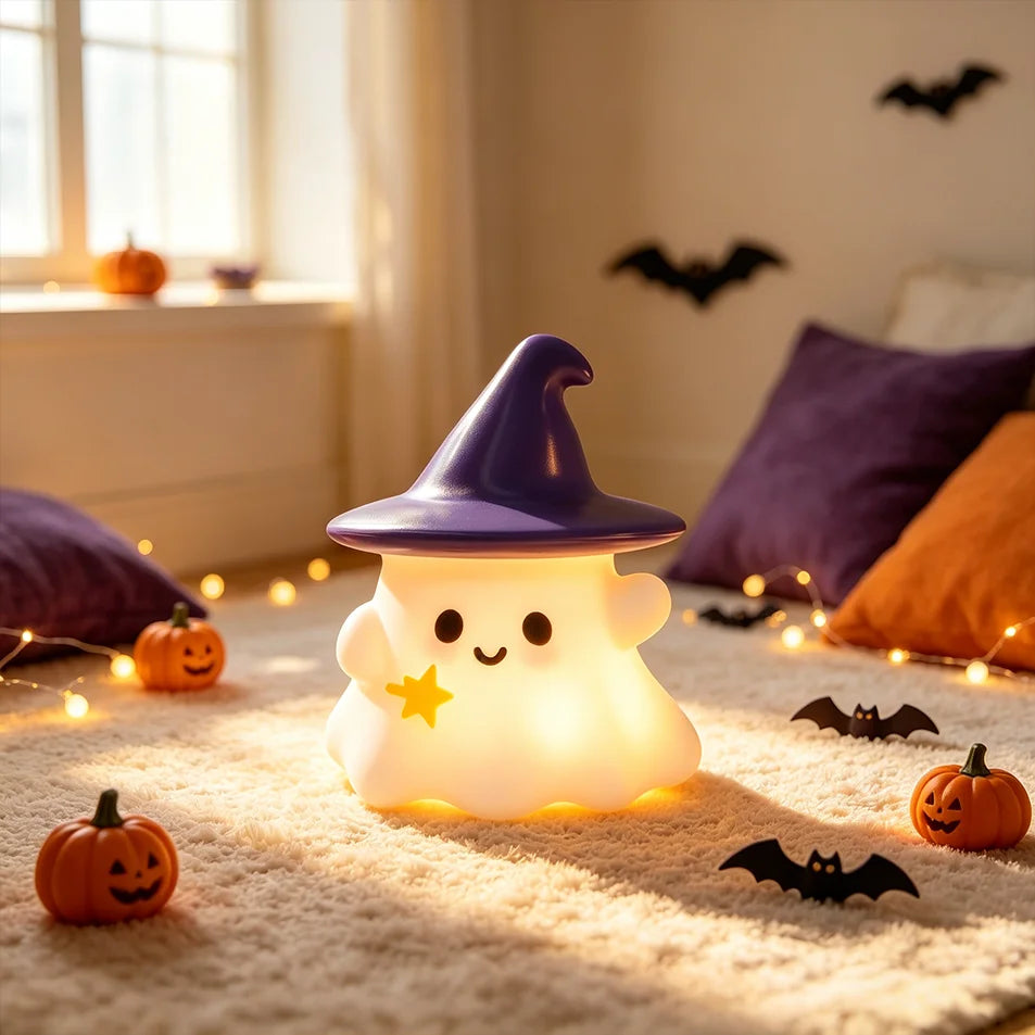 Halloween Cute Ghost Witch Hat Pumpkin Night Light Silicone LED Lamp
