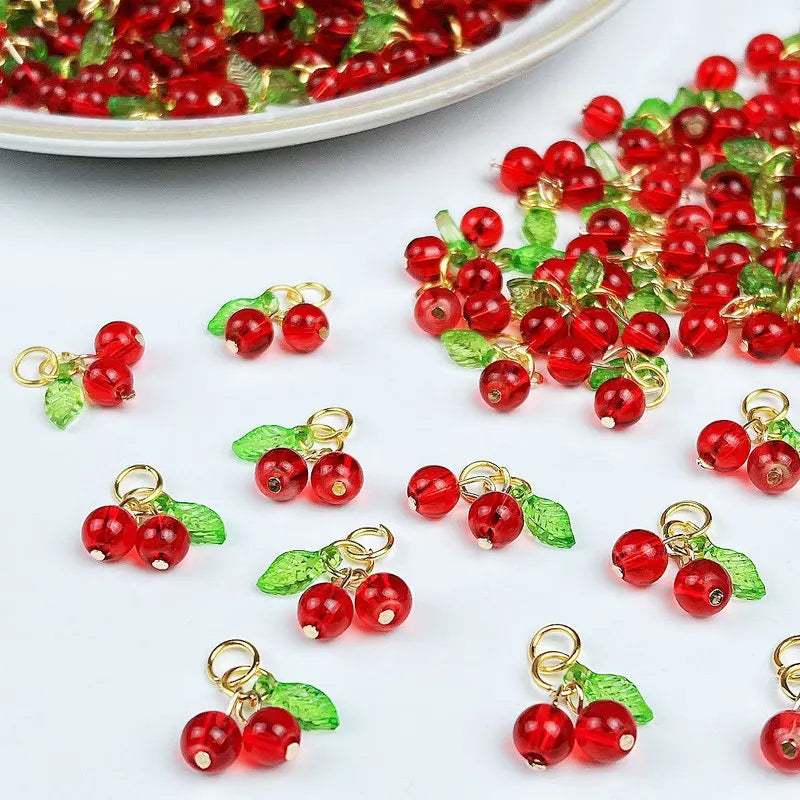 10pcs Red Cherry Charms Cute Glass Red Fruit Pendants with Loop DIY