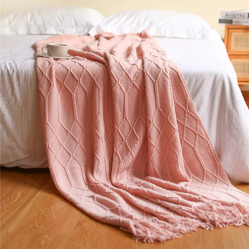 Cable Knit Khaki Throw Blanket Lightweight Knitted Jacquard Throw