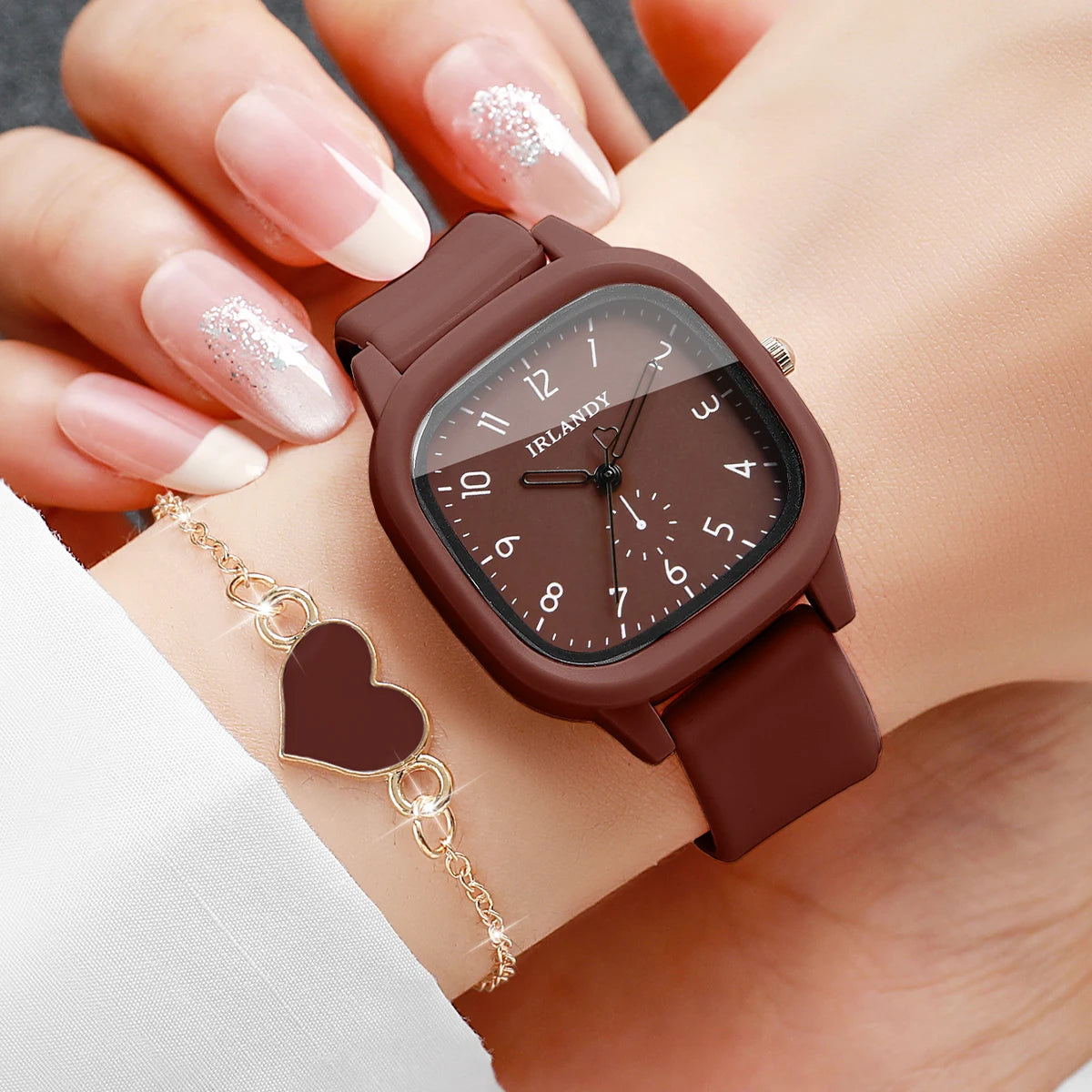 2PCS Fashion Arabic Dial Women Quartz Watch Heart Bracelet Set Square