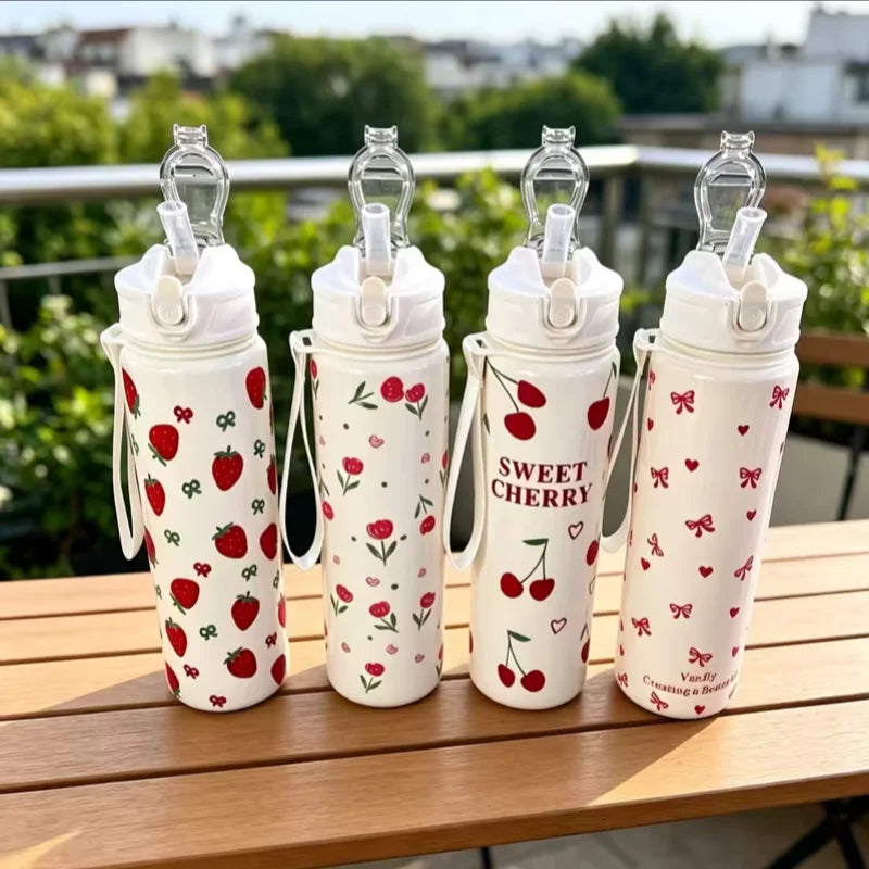 750ML Cute Strawberry Cherry Flower Bowknot Printed Tumbler with Pure