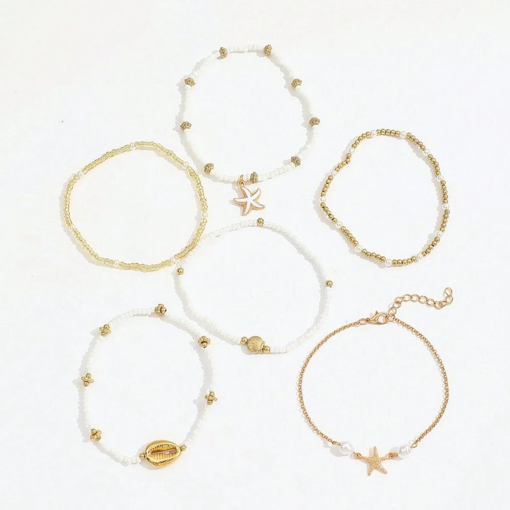 6pcs/set Fashion Stackable Starfish Shell Pendant Beads Anklets Set