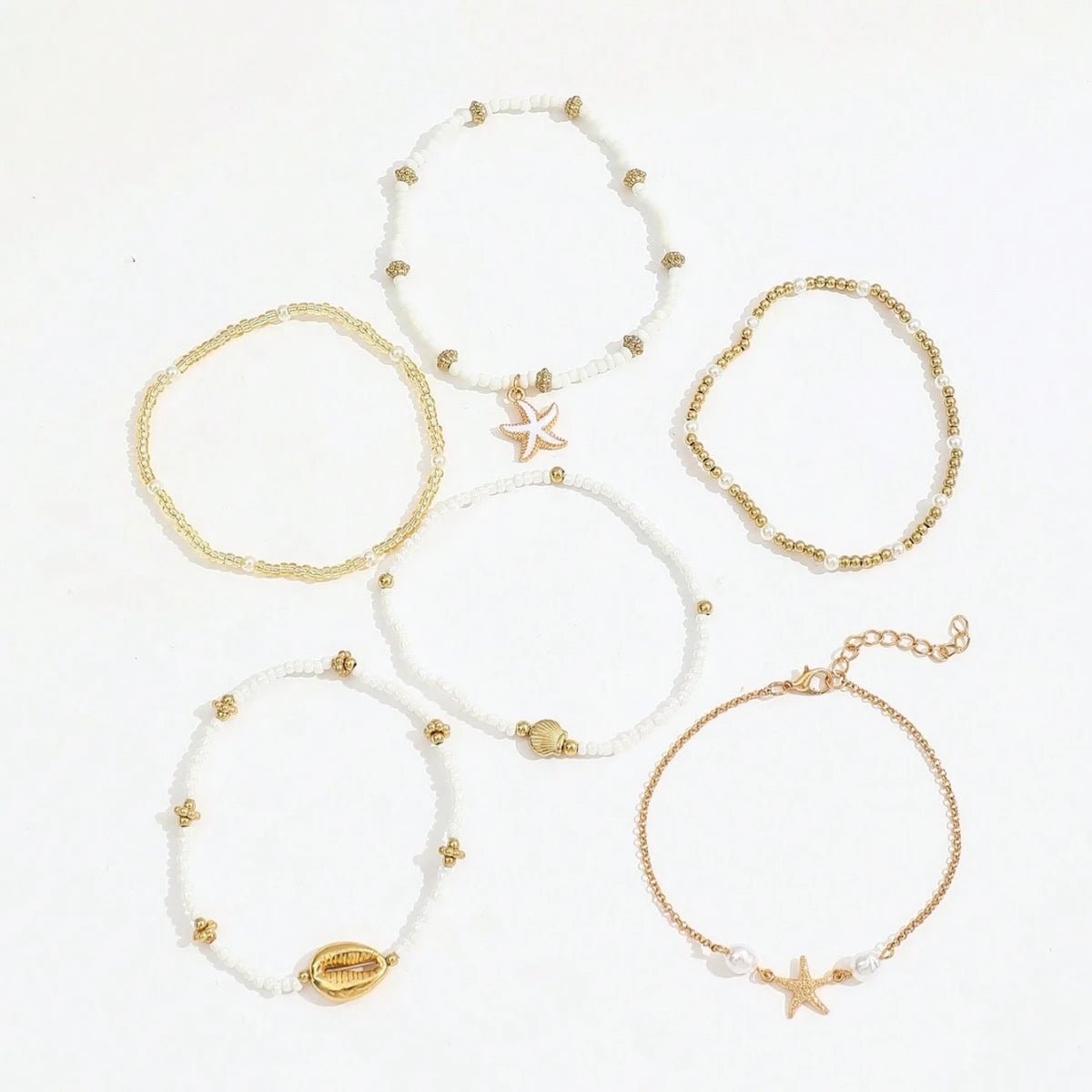 6pcs/set Fashion Stackable Starfish Shell Pendant Beads Anklets Set