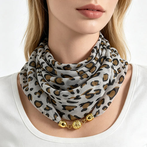 Leopard Print Magnetic Buckle Scarf, 60cm Square Thin Chiffon Neck