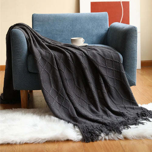 Cable Knit Khaki Throw Blanket Lightweight Knitted Jacquard Throw