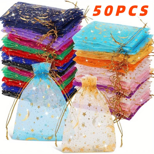 50 Pcs Moon Stars Drawstring Organza Bags Jewelry Gift Bags Pouches