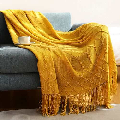 Cable Knit Khaki Throw Blanket Lightweight Knitted Jacquard Throw