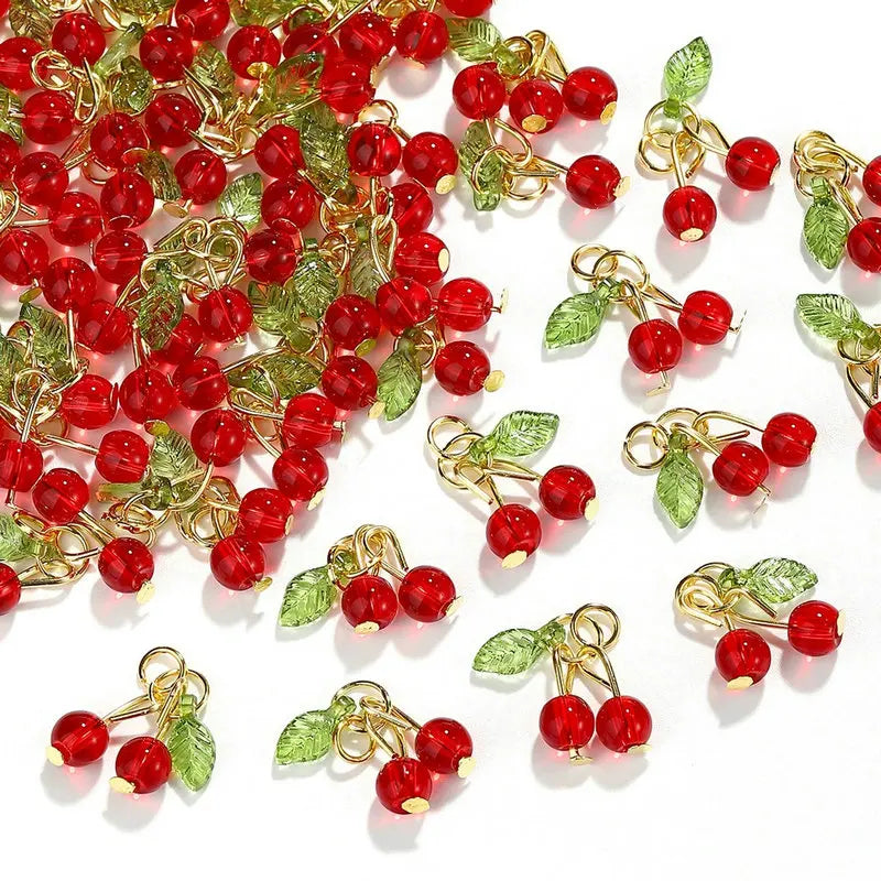 10pcs Red Cherry Charms Cute Glass Red Fruit Pendants with Loop DIY