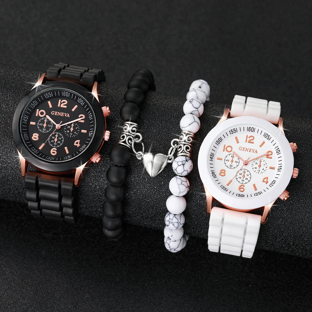 4PCS/Set Fashion Couples Watches Silicone Band Analog Quartz Watch