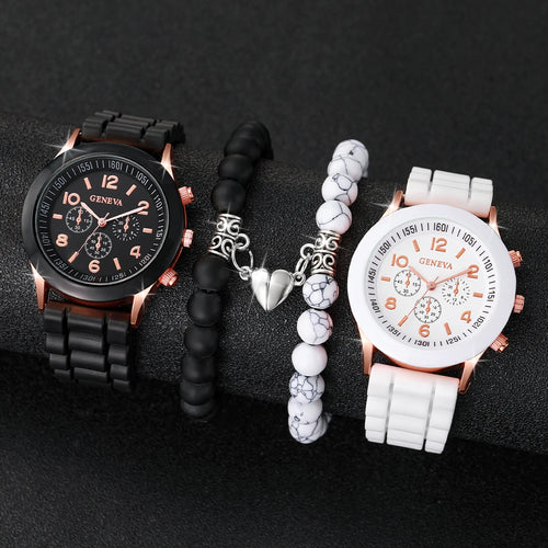 4PCS/Set Fashion Couples Watches Silicone Band Analog Quartz Watch