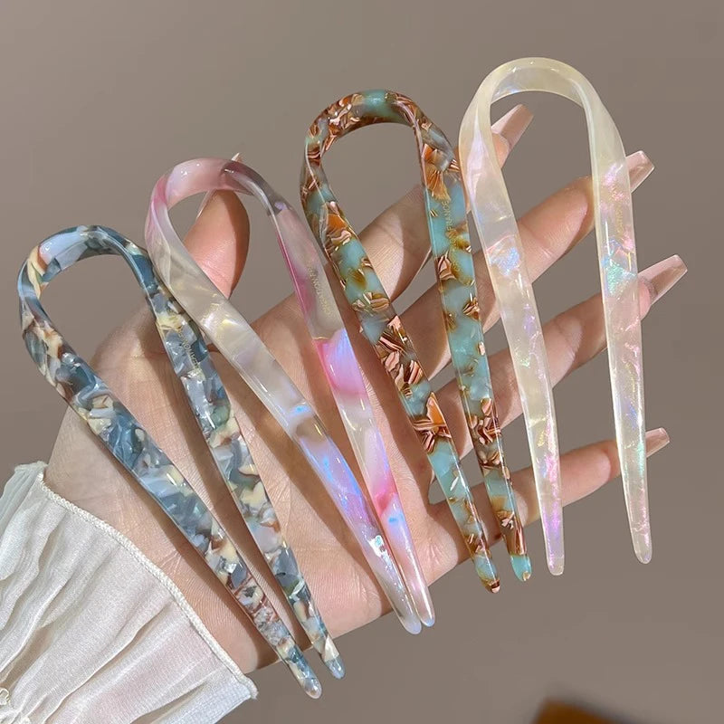U-Shaped Hair Sticks Acetate Acrylic Hair Fork Hair Clips Fashion Bow