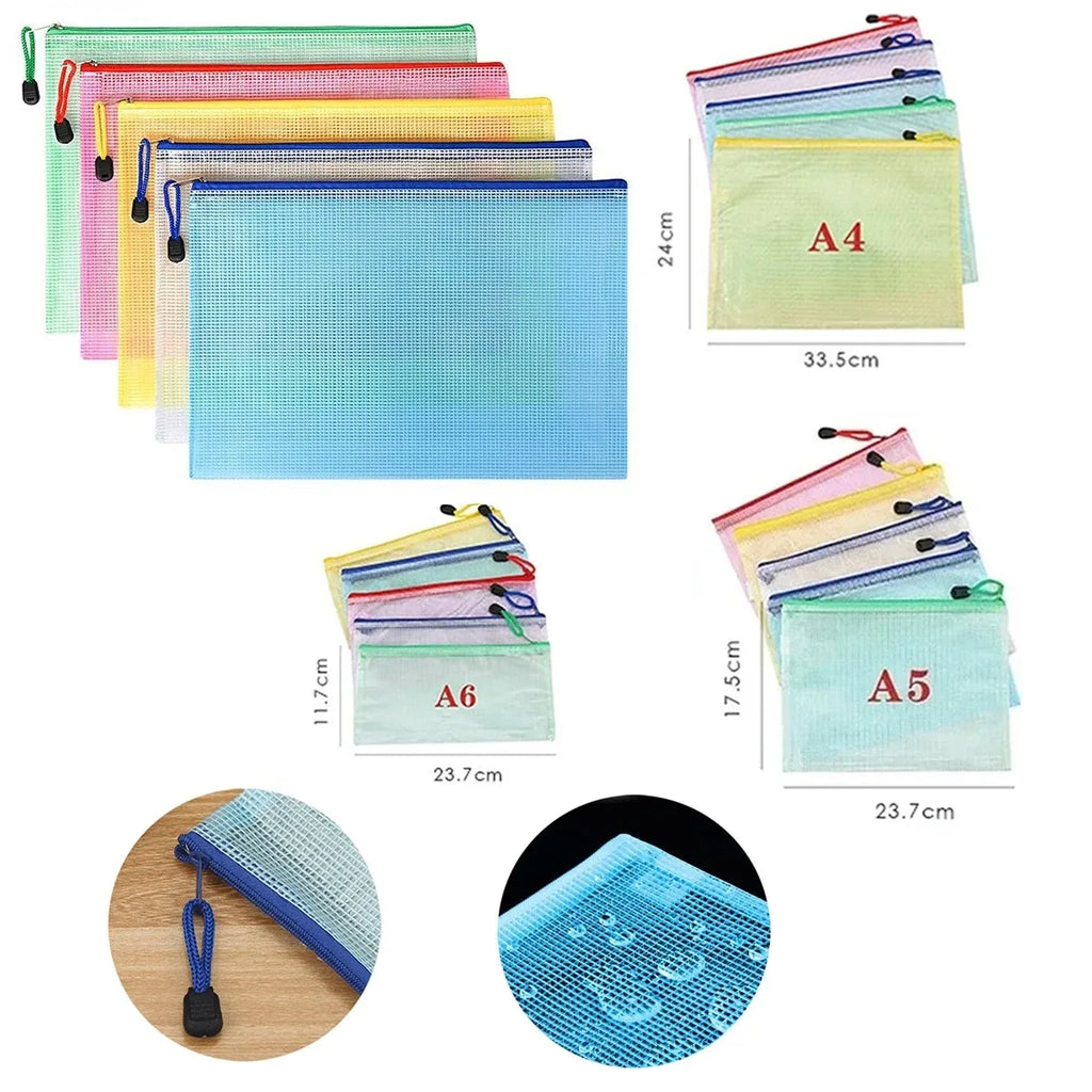 5-100PCS Stationery Storage Folder File Mesh Zipper Pouch A4/A5/A6