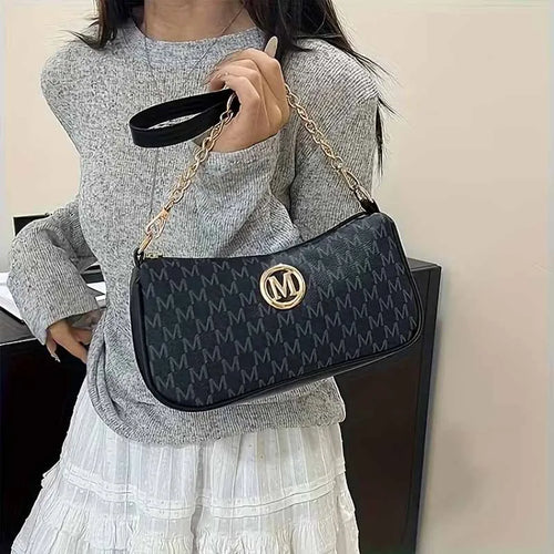 Fashion Ladies Geometric Print Chain Underarm Bag Metal Logo Decor