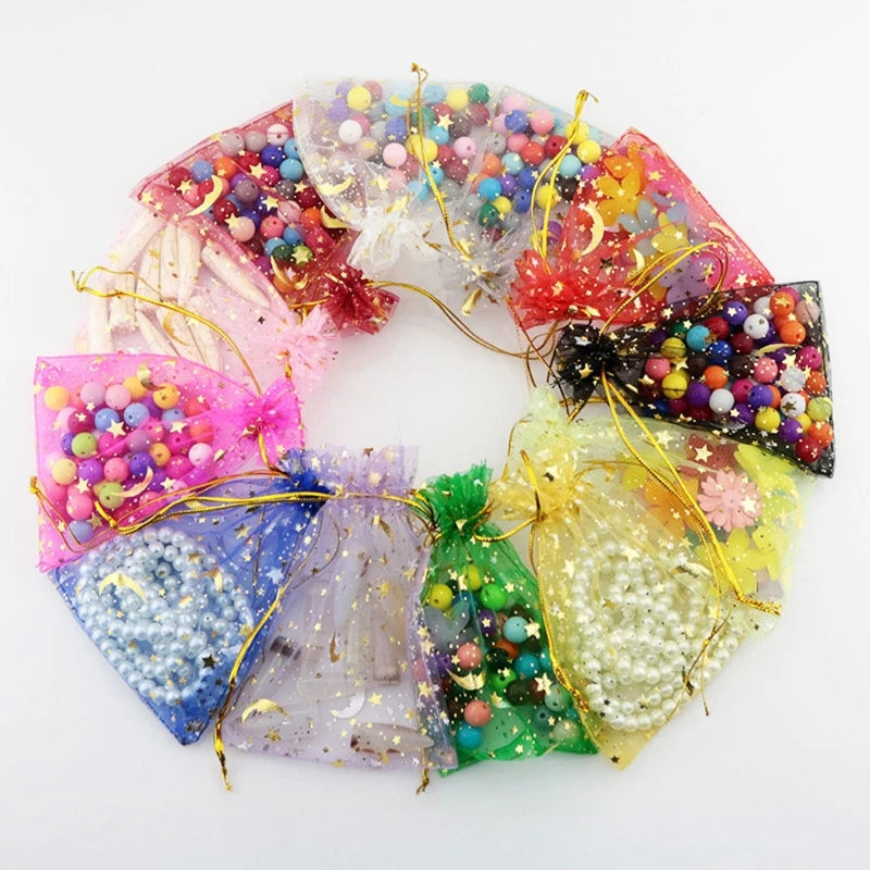 50 Pcs Moon Stars Drawstring Organza Bags Jewelry Gift Bags Pouches