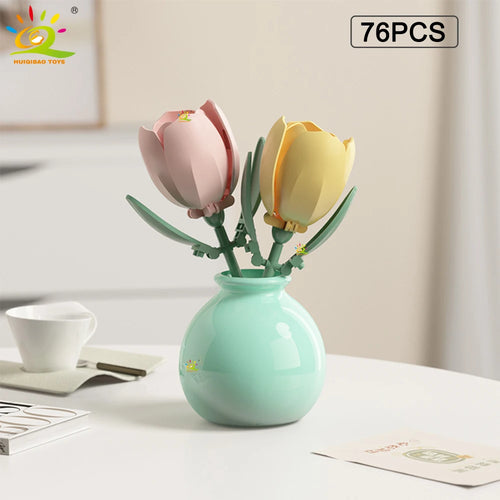 HUIQIBAO MOC Flower with Vase Model Building Block DIY Eternal Bouquet