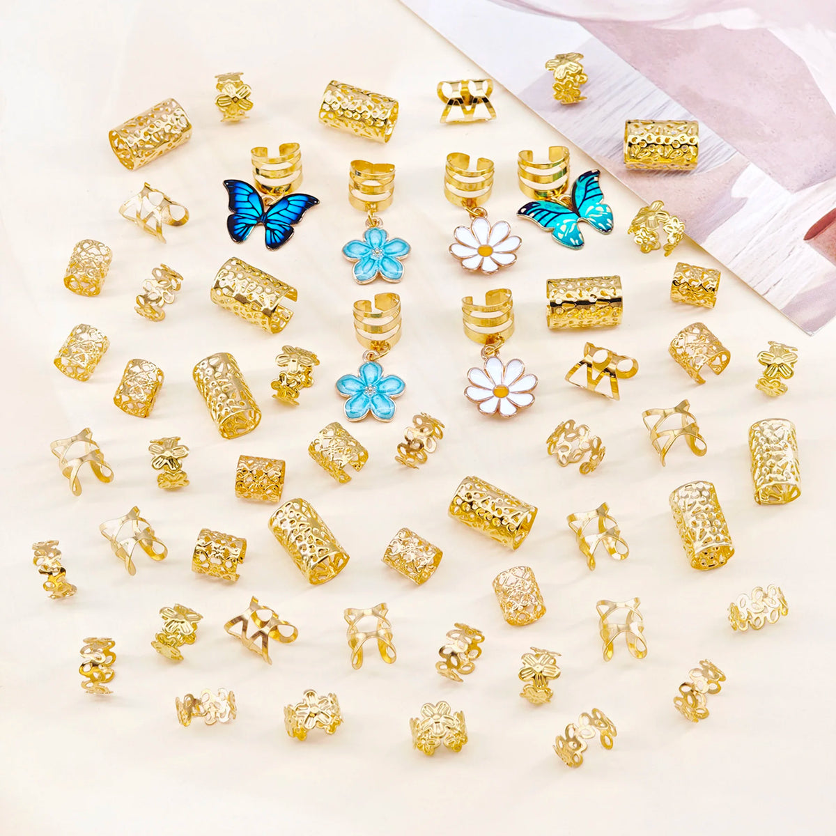 56pcs Vibrant Garden Hair Rings with Blue & Green Butterflies, White