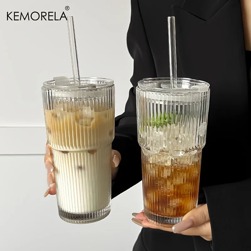 600ML Stripe Glass Coffee Cup With Lid and Without Cover Straw