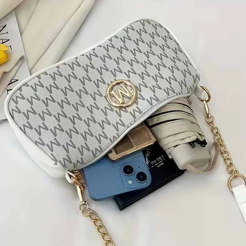 Fashion Ladies Geometric Print Chain Underarm Bag Metal Logo Decor