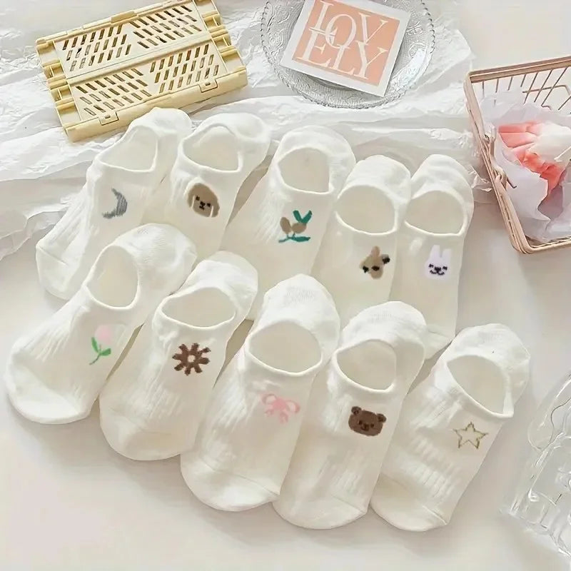 CHUANGERM 10 Pairs Cute Cartoon Pattern Socks Women's Ankle Stockings