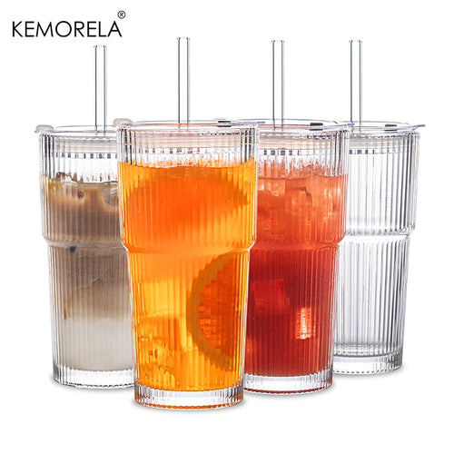 600ML Stripe Glass Coffee Cup With Lid and Without Cover Straw
