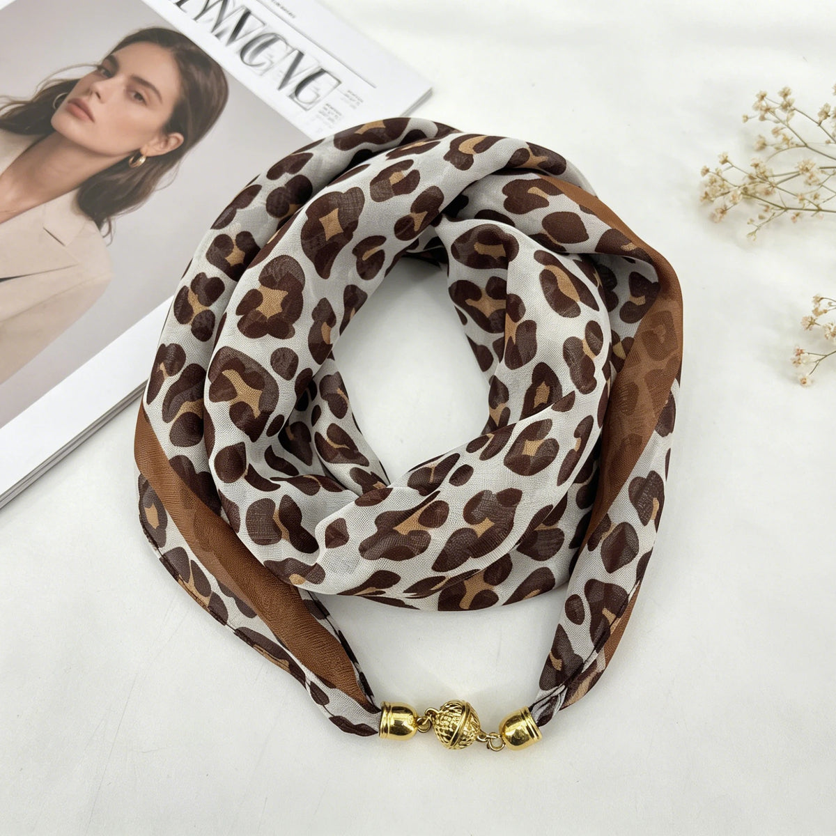 Leopard Print Magnetic Buckle Scarf, 60cm Square Thin Chiffon Neck