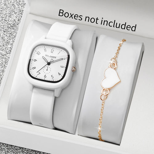 2PCS Fashion Arabic Dial Women Quartz Watch Heart Bracelet Set Square
