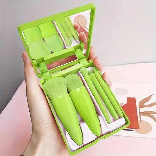 5PCS Cosmetic Brush Set Portable Makeup Brush Travel with Mirror Box