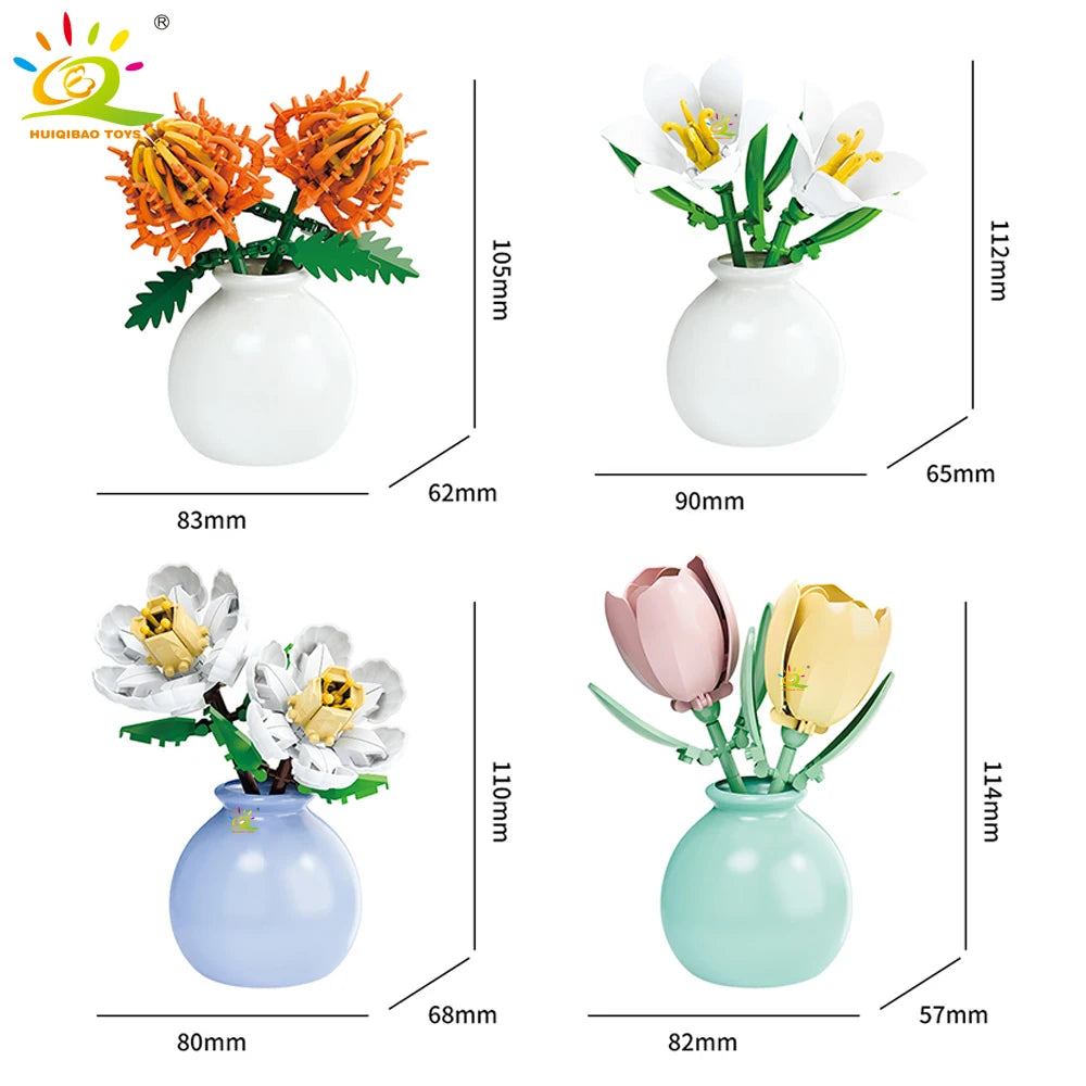 HUIQIBAO MOC Flower with Vase Model Building Block DIY Eternal Bouquet
