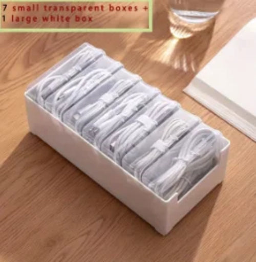 Data Cable Storage Box with 7 Compartments, Desktop Cord Organizer for