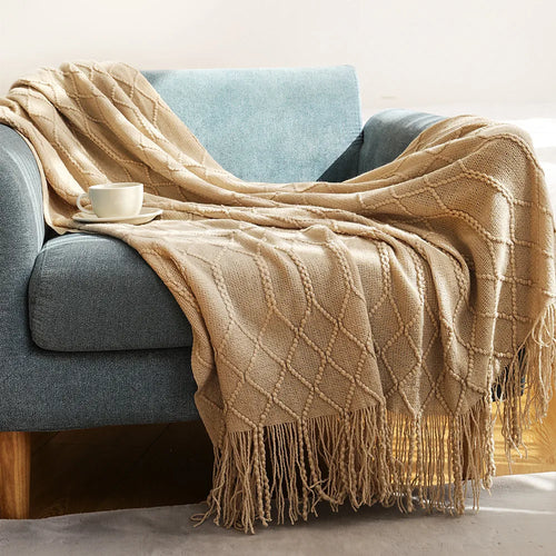 Cable Knit Khaki Throw Blanket Lightweight Knitted Jacquard Throw