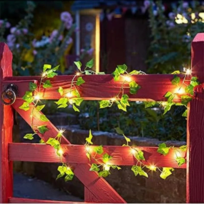 Green Fairy Lights with Solar-Powered Artificial Ivy Leaves