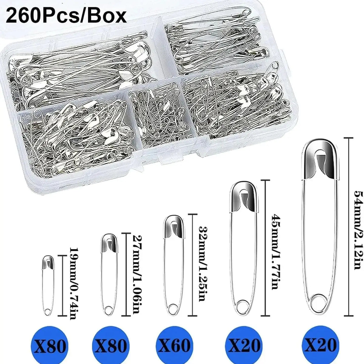 Silver Safety Pins Kit With Storage Box for Clothes Sewing And Jewelry