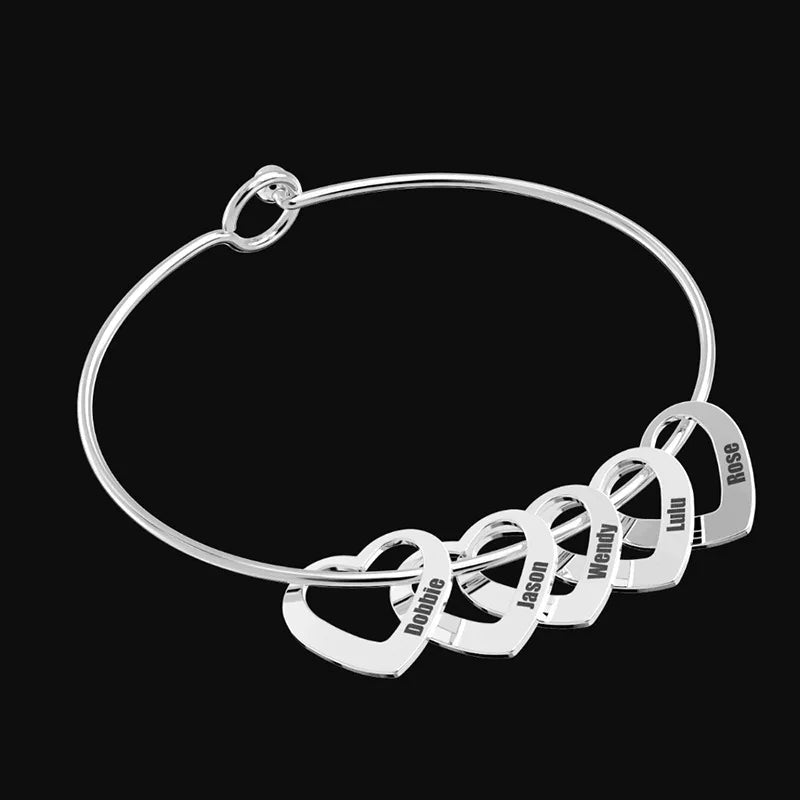 Custom Family Names Heart Beads Bangle Bracelet Personalized Names