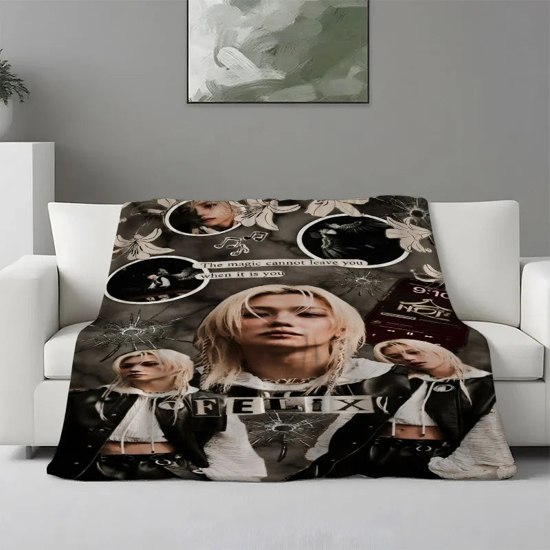 Felix Stray Kids Fleece Blanket 2D Printed Soft Cozy Dark Aesthetic