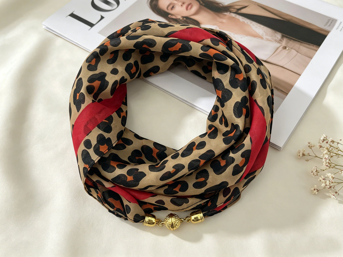 Leopard Print Magnetic Buckle Scarf, 60cm Square Thin Chiffon Neck