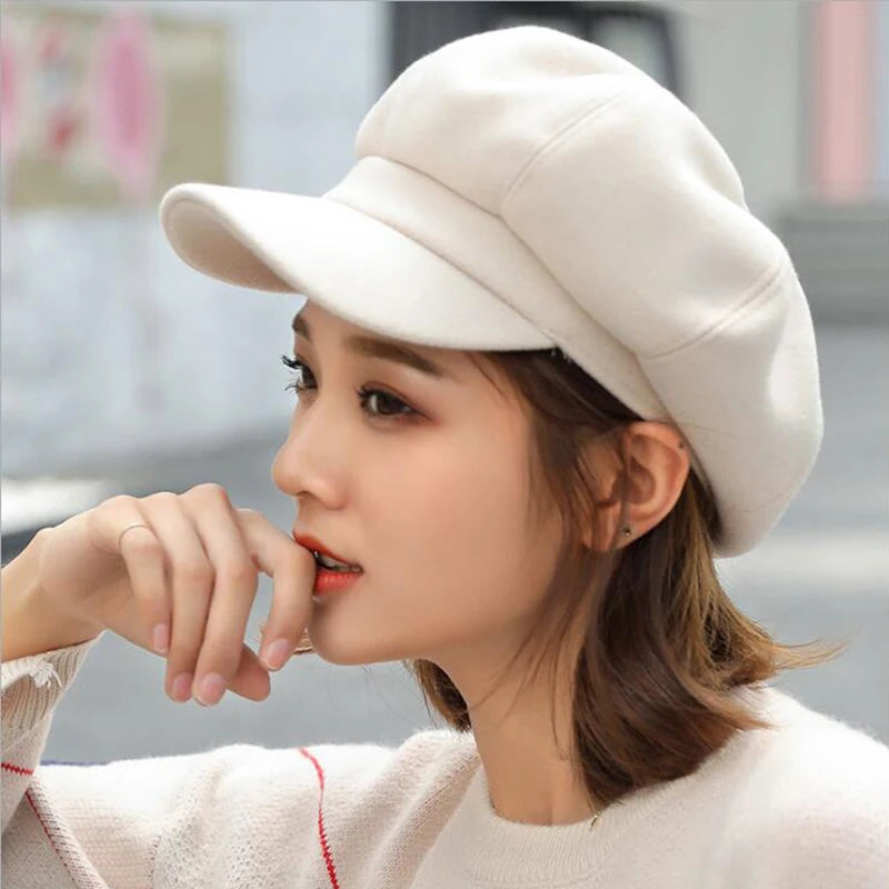 Autumn Winter Hats for Women Solid Plain Octagonal Newsboy Cap Men