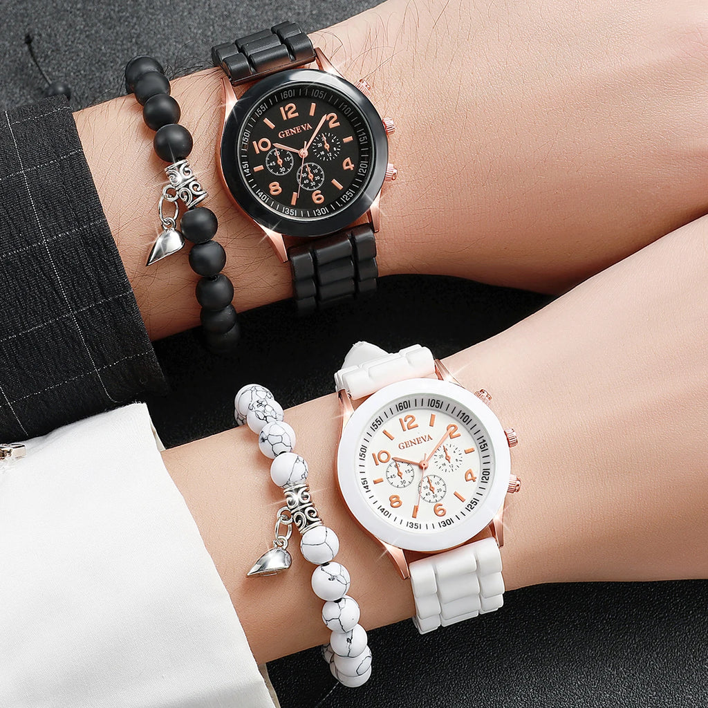 4PCS/Set Fashion Couples Watches Silicone Band Analog Quartz Watch
