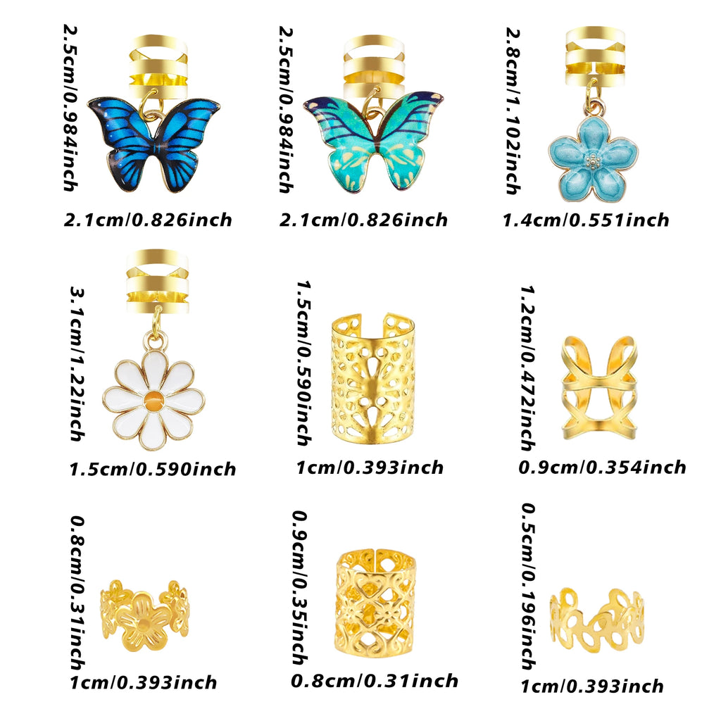 56pcs Vibrant Garden Hair Rings with Blue & Green Butterflies, White